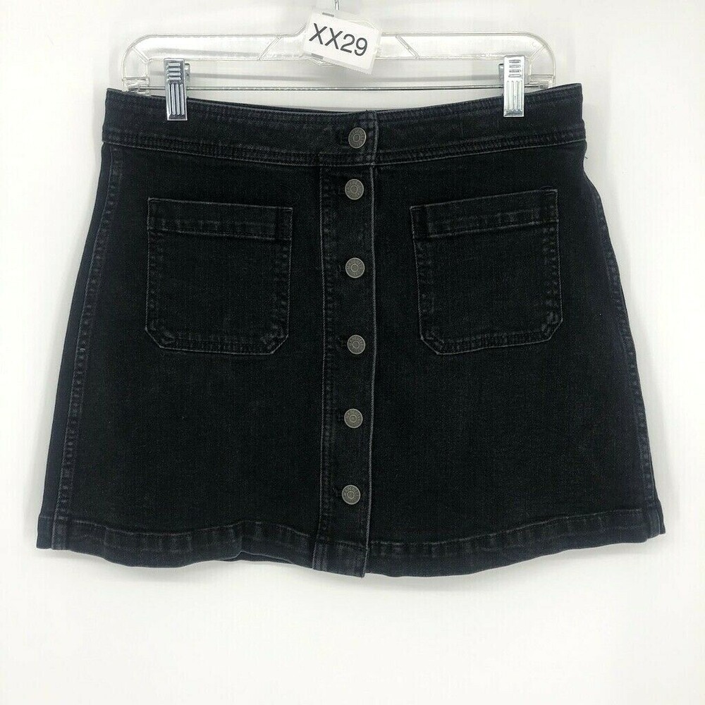 Madewell Women Solid Black Denim Cotton A-Line Stretch Short Jeans Skirt Size 8